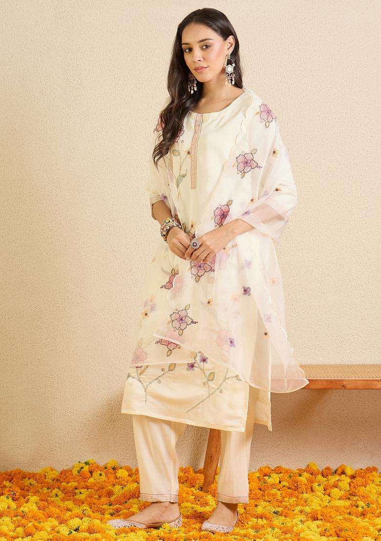 Off White Embroidered Silk Straight Kurta Set - Indya