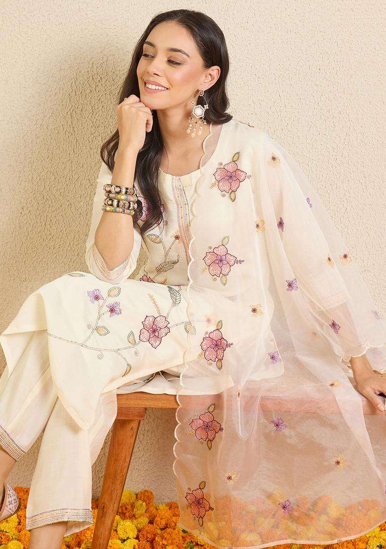 Off White Embroidered Silk Straight Kurta Set - Indya