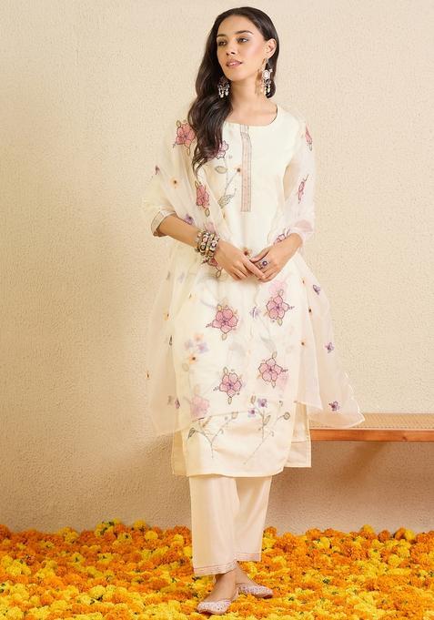 Off White Embroidery Silk Blend Kurta Set