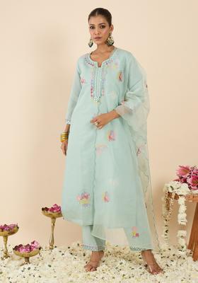 Sea Green Embroidery Silk Blend Kurta Set
