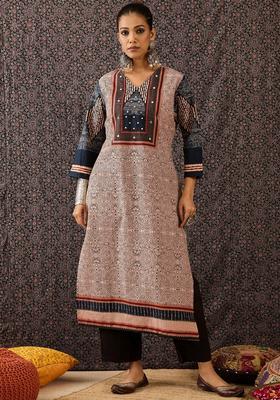 Beige Embroidery Cotton Kurta Set
