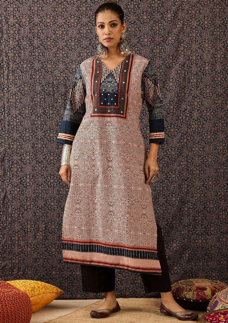 Beige Printed Cotton Straight Kurta Set - Indya