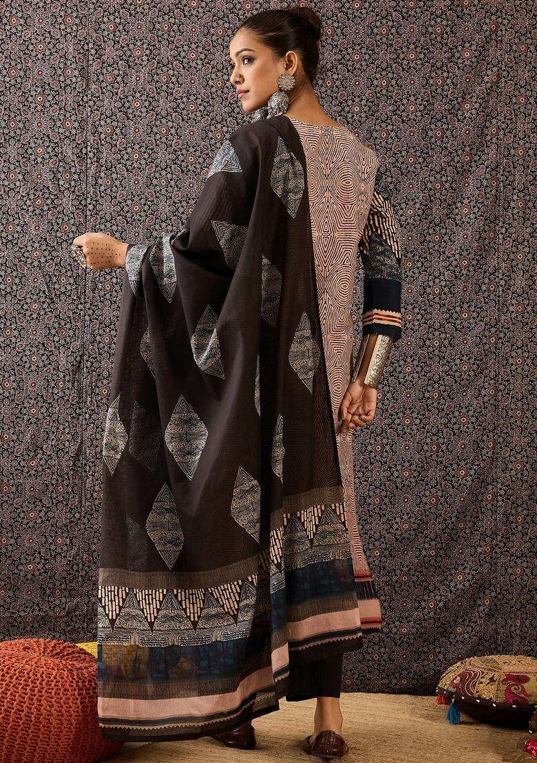 Beige Printed Cotton Straight Kurta Set - Indya