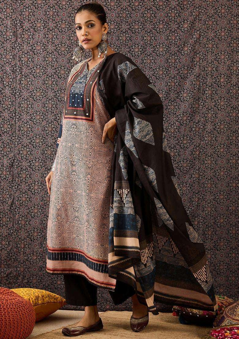 Beige Printed Cotton Straight Kurta Set - Indya