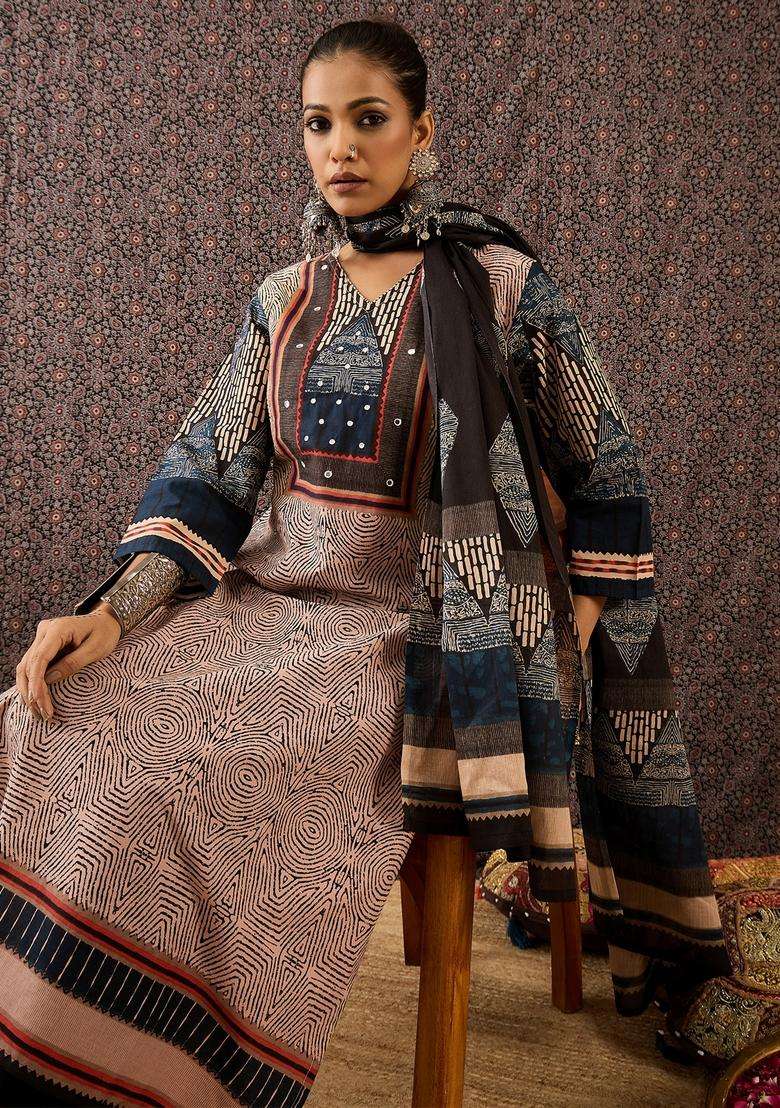 Beige Printed Cotton Straight Kurta Set - Indya