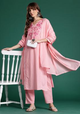 Pink Embroidery Cotton Kurta Set