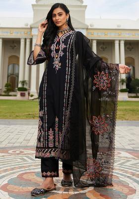 Black Embroidery Silk Blend Kurta Set