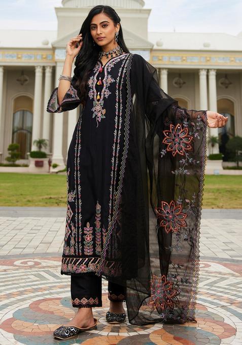 Black Embroidery Silk Blend Kurta Set