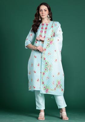 Sea Green Embroidery Linen Kurta Set