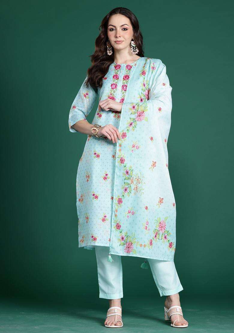 Sea Green Embroidered Linen Straight Kurta Set - Indya