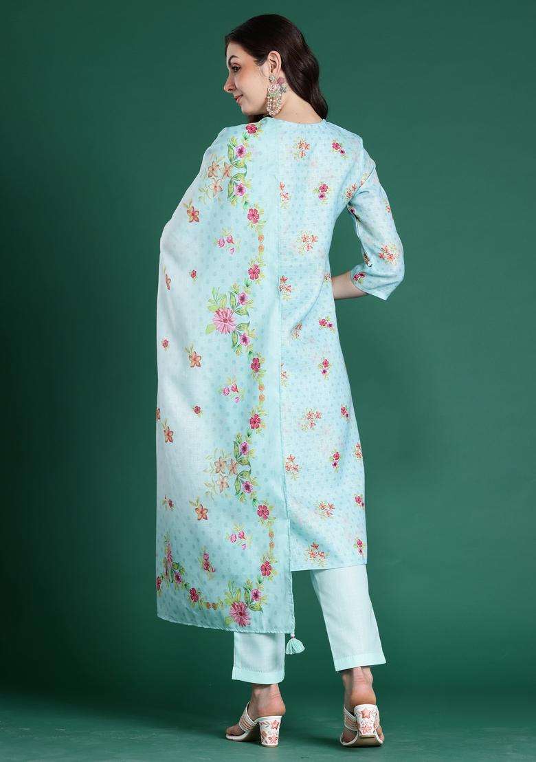 Sea Green Embroidered Linen Straight Kurta Set - Indya
