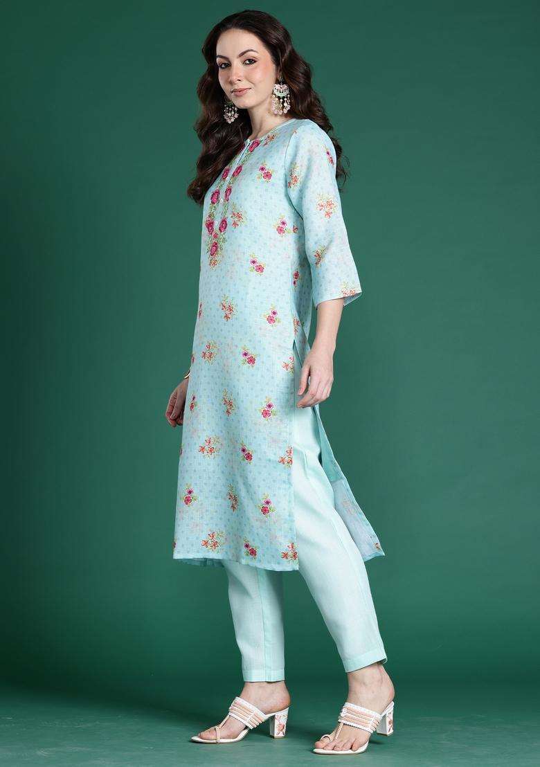 Sea Green Embroidered Linen Straight Kurta Set - Indya