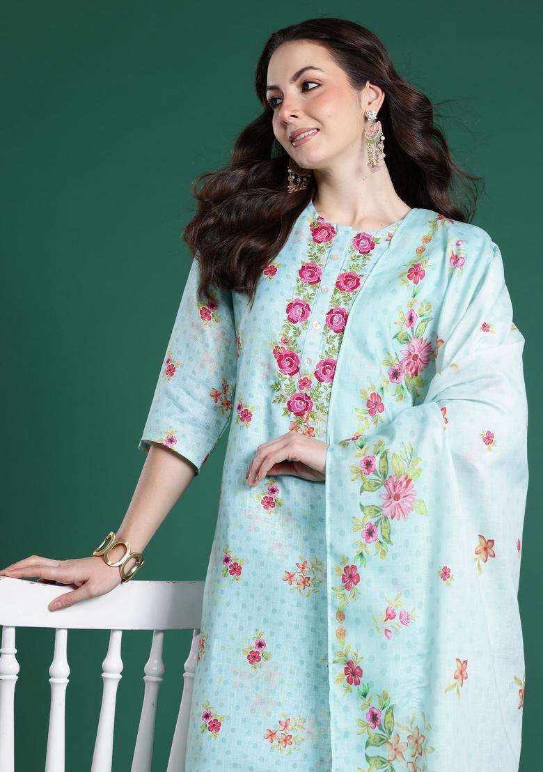 Sea Green Embroidered Linen Straight Kurta Set - Indya
