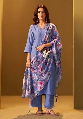 Blue Embroidered Cotton Straight Kurta Set