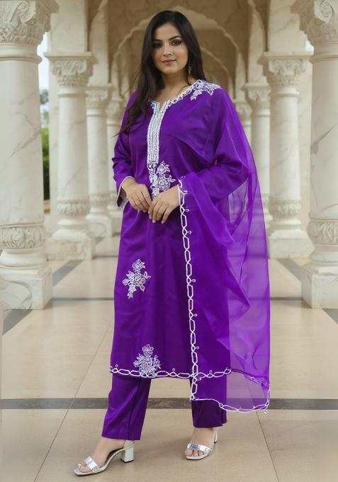 Purple Embroidery Liva Kurta Set