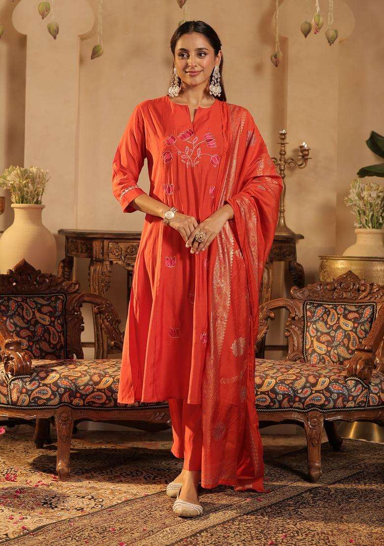 Rust Embroidered Blended Straight Kurta Set - Indya