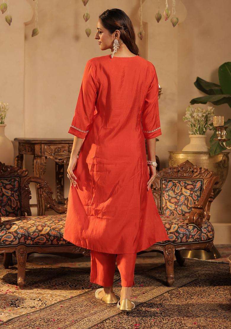 Rust Embroidered Blended Straight Kurta Set - Indya