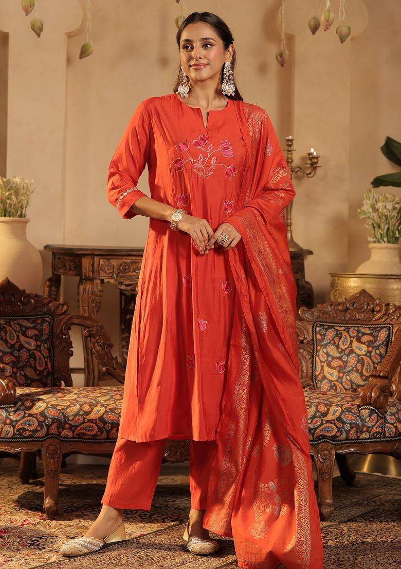 Rust Embroidered Blended Straight Kurta Set - Indya