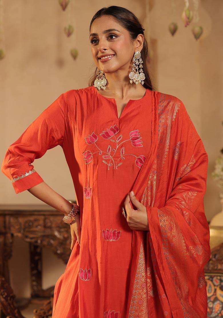 Rust Embroidered Blended Straight Kurta Set - Indya