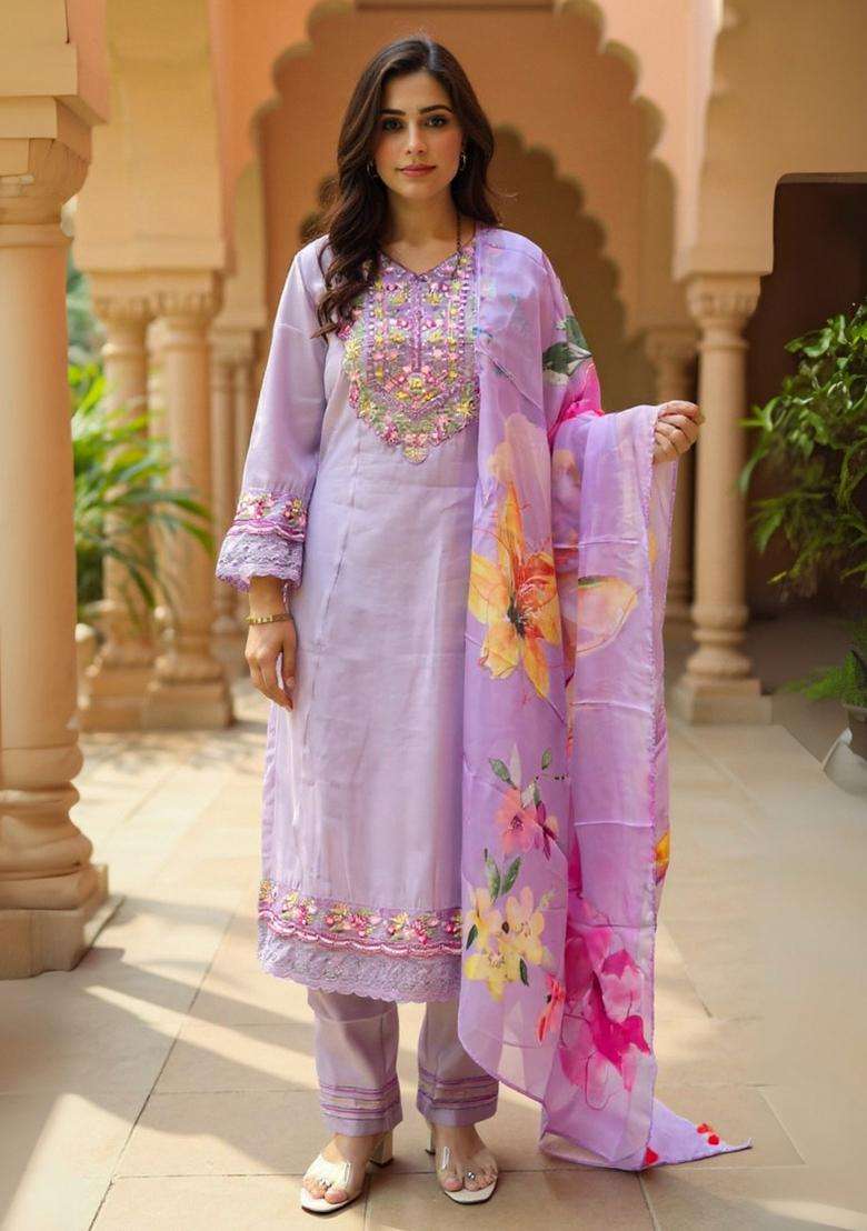 Purple Embroidered Cotton Straight Kurta Set - Indya