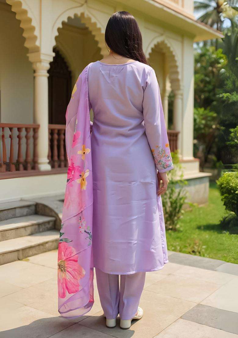 Purple Embroidered Cotton Straight Kurta Set - Indya