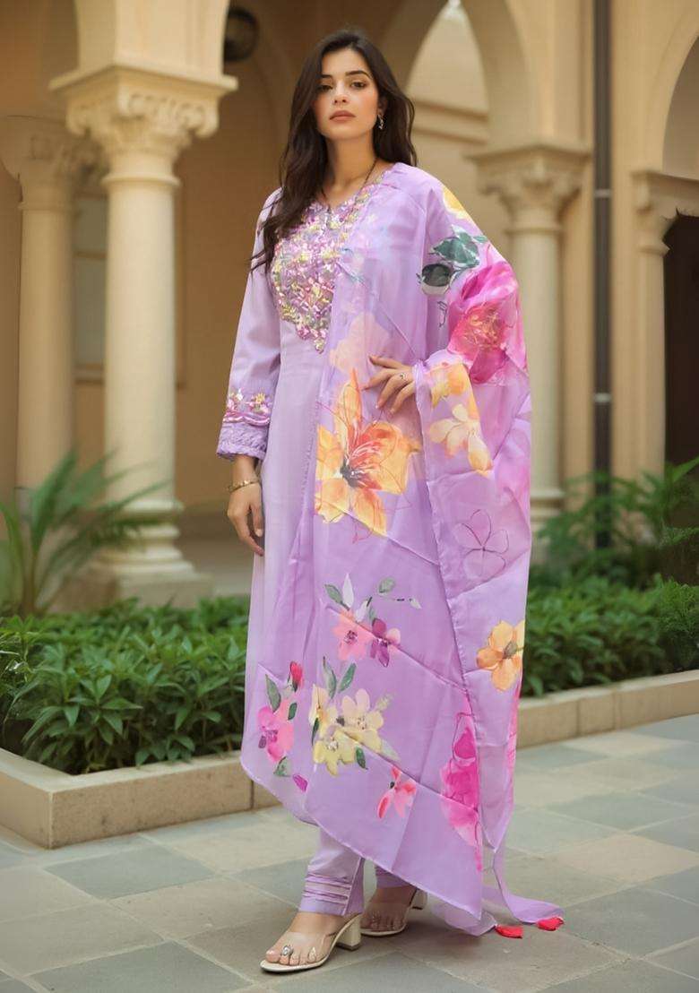 Purple Embroidered Cotton Straight Kurta Set - Indya