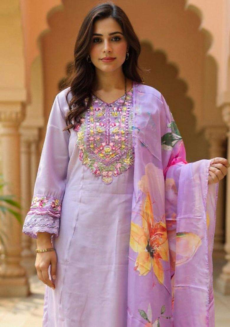 Purple Embroidered Cotton Straight Kurta Set - Indya