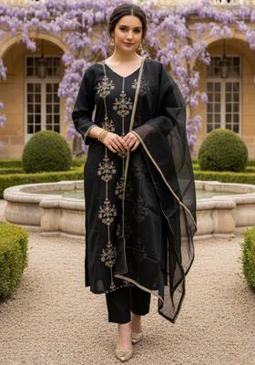 Black Embroidered Liva A Line Kurta Set