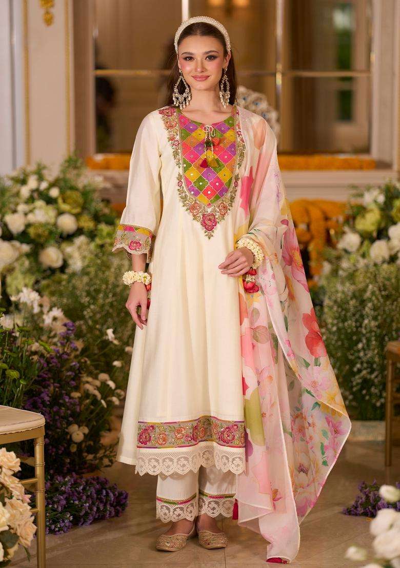 White Embroidered Blended A Line Kurta Set - Indya
