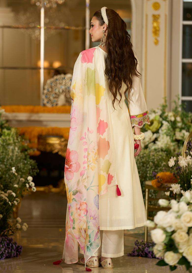 White Embroidered Blended A Line Kurta Set - Indya