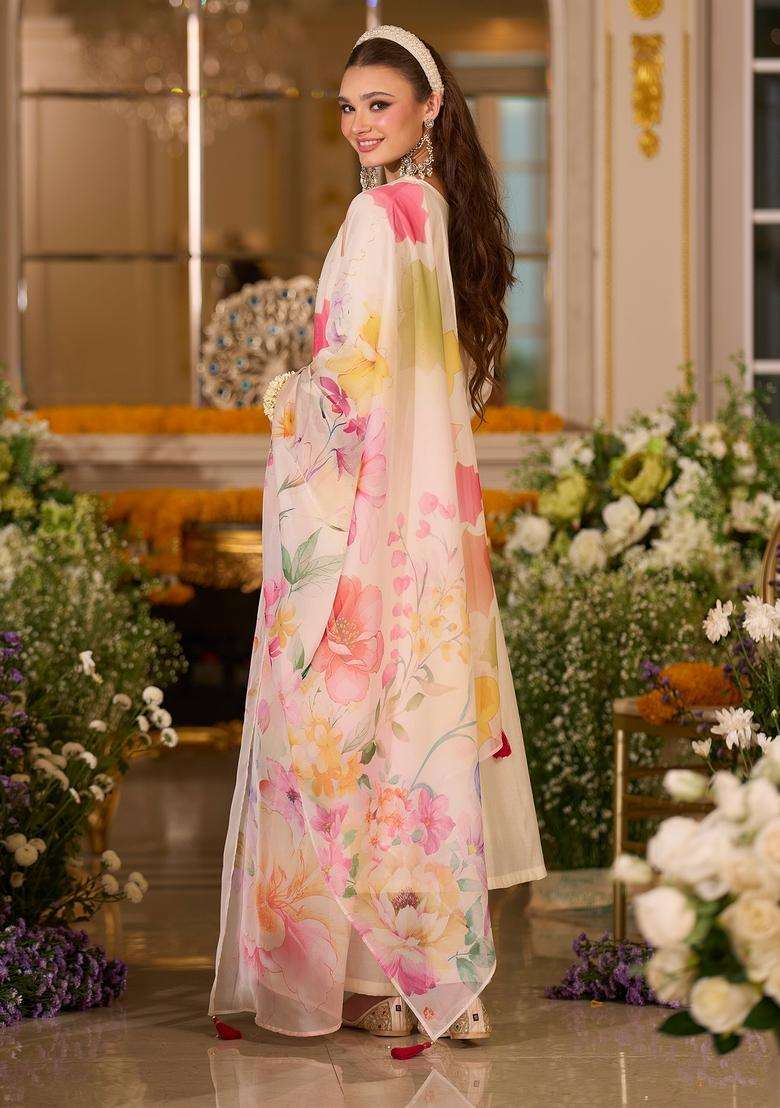 White Embroidered Blended A Line Kurta Set - Indya