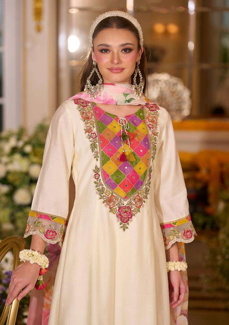 White Embroidered Blended A Line Kurta Set - Indya