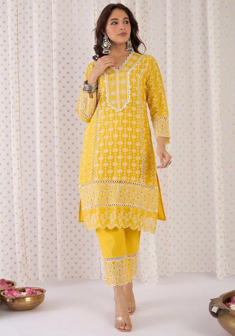 Mustard Embroidery Cotton Kurta Set