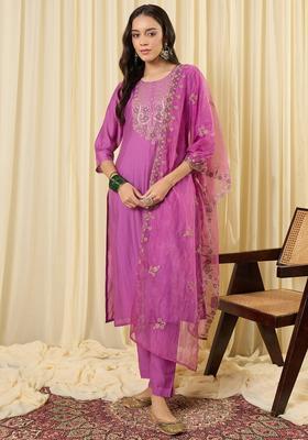Lavender Embroidery Silk Blend Kurta Set