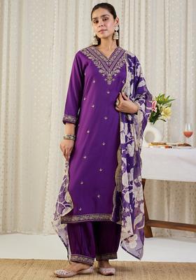 Purple Embroidery Viscose Rayon Kurta Set