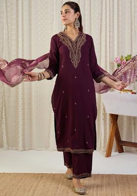 Maroon Embroidery Viscose Rayon Kurta Set
