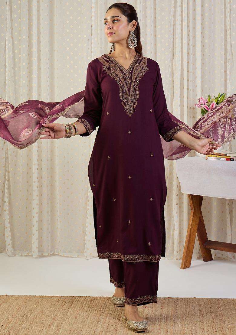 Maroon Embroidered Rayon Straight Kurta Set - Indya