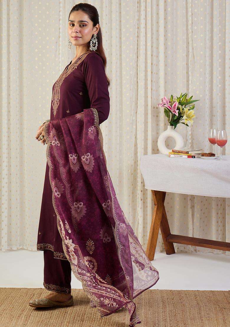 Maroon Embroidered Rayon Straight Kurta Set - Indya