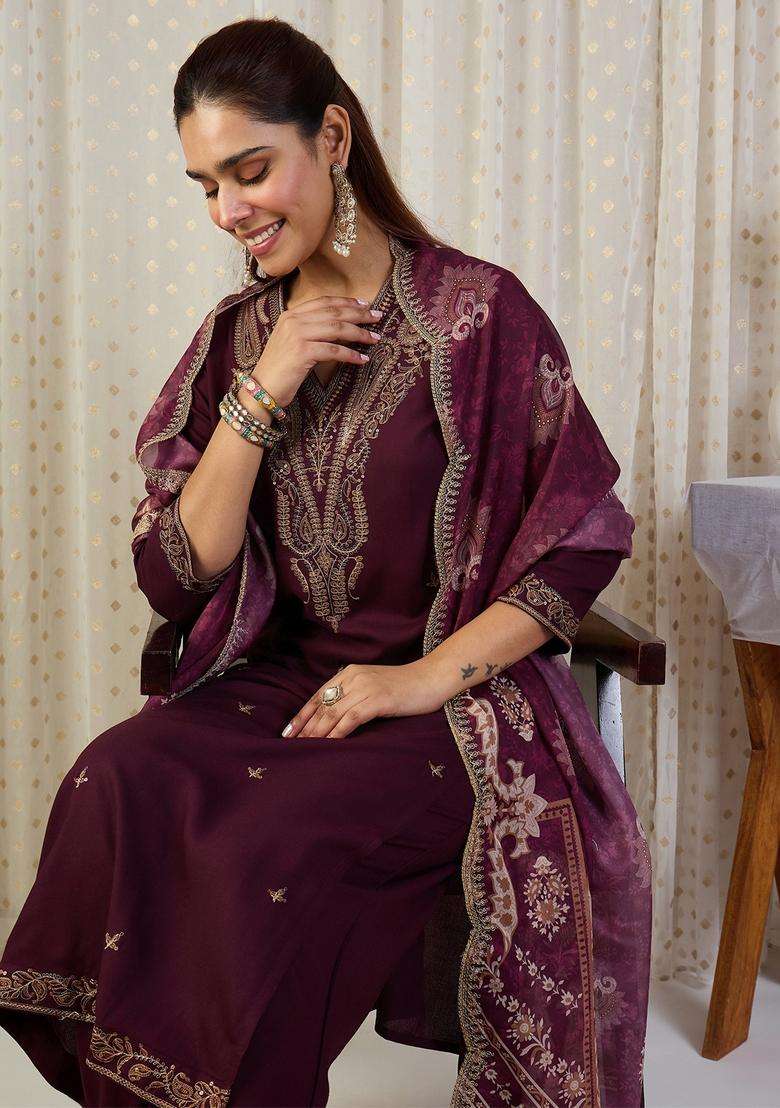 Maroon Embroidered Rayon Straight Kurta Set - Indya