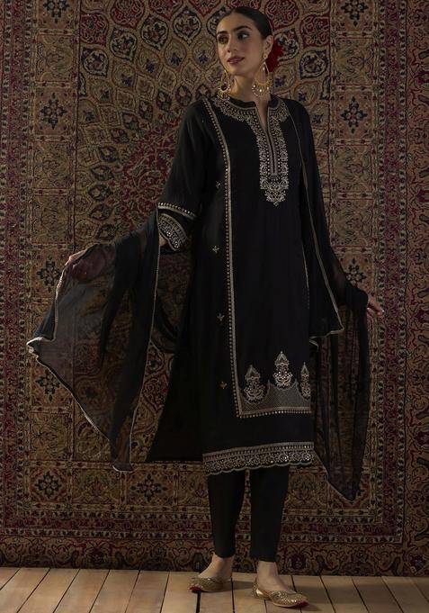 Black Embroidery Silk Blend Kurta Set