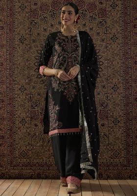 Black Embroidery Chinnon Kurta Set
