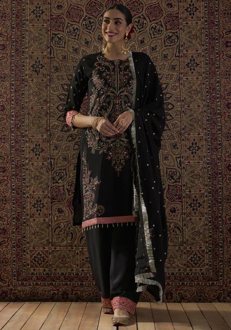 Black Embroidery Chinnon Kurta Set
