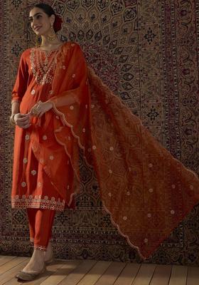 Orange Embroidery Silk Blend Kurta Set
