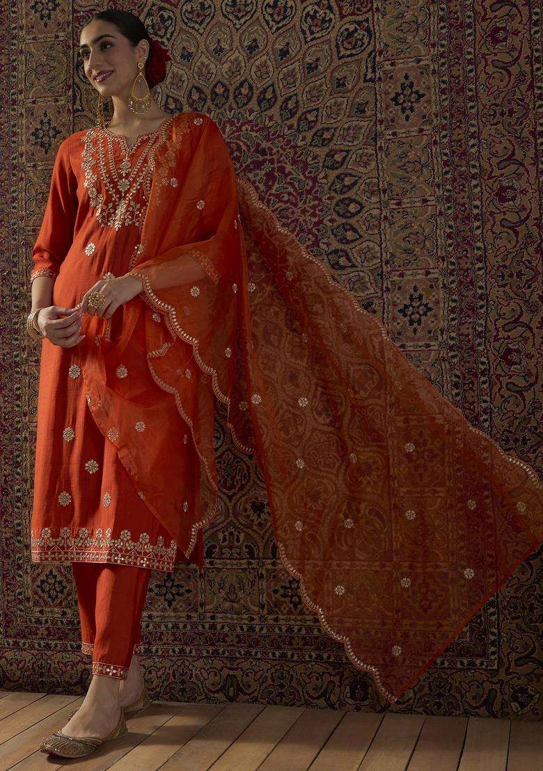 Orange Embroidered Blended Straight Kurta Set - Indya