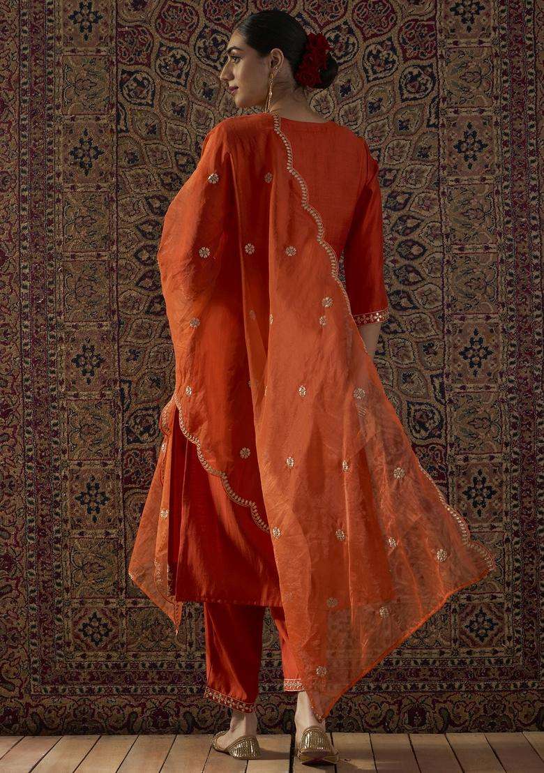 Orange Embroidered Blended Straight Kurta Set - Indya