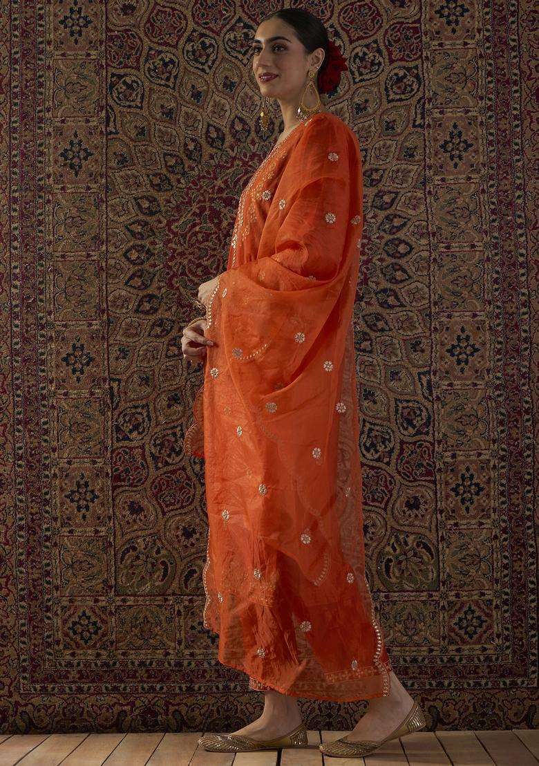 Orange Embroidered Blended Straight Kurta Set - Indya
