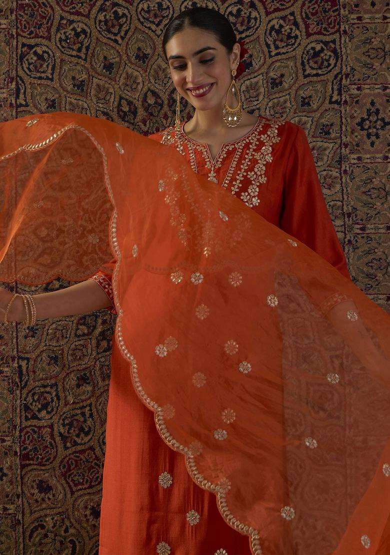 Orange Embroidered Blended Straight Kurta Set - Indya