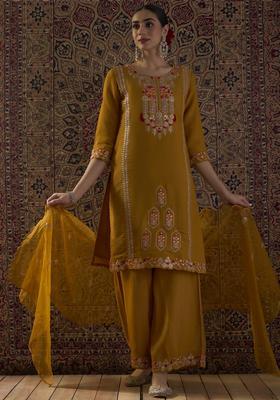 Mustard Embroidery Silk Blend Kurta Set
