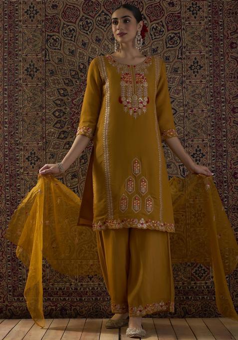 Mustard Embroidery Silk Blend Kurta Set