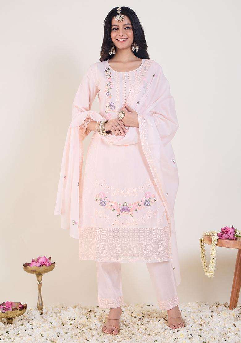 Pink Embroidered Cotton Straight Kurta Set - Indya